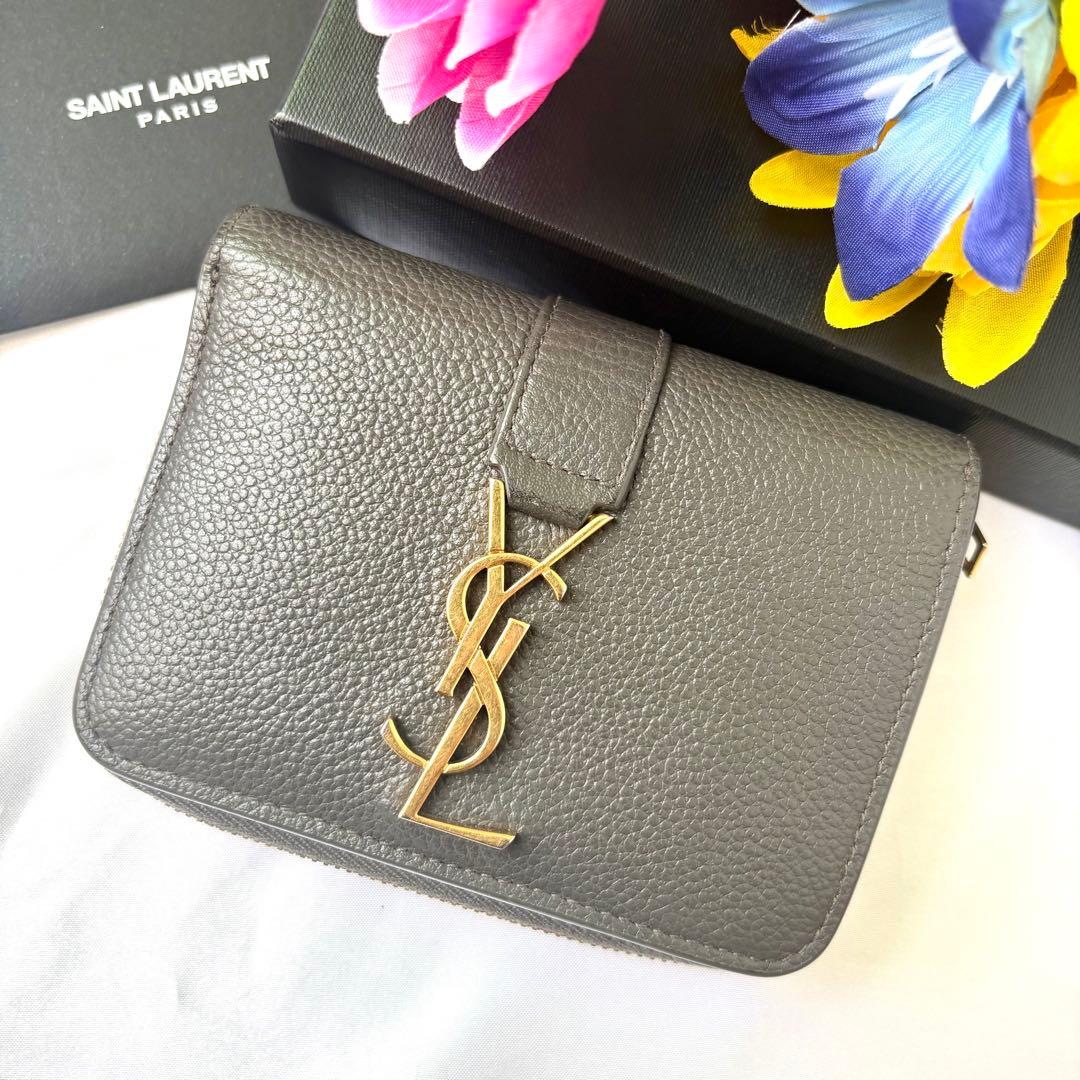 美品✨サンローラン 折り財布 ジップウォレット カサンドラロゴ レザー グレー SAINT LAURENT サンローラン YSL カサンドラ マルチ フォールド