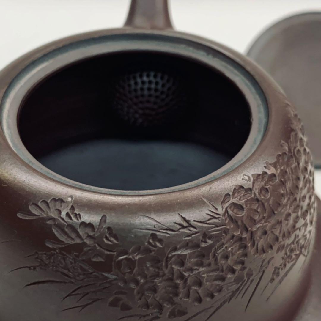 【茶注35    万古焼　茶釜　急須】伊藤実山　紫光刻