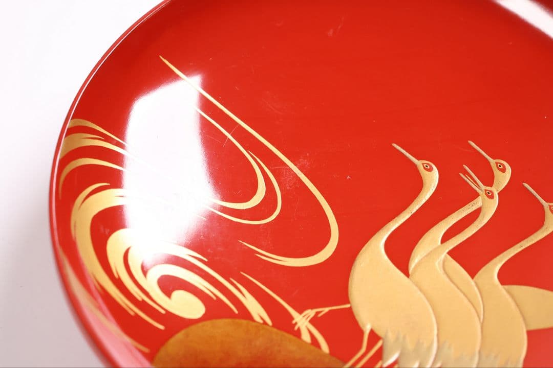 CM372】時代木製漆器 光琳写 金蒔絵 群鶴図 朱塗 引盃 五