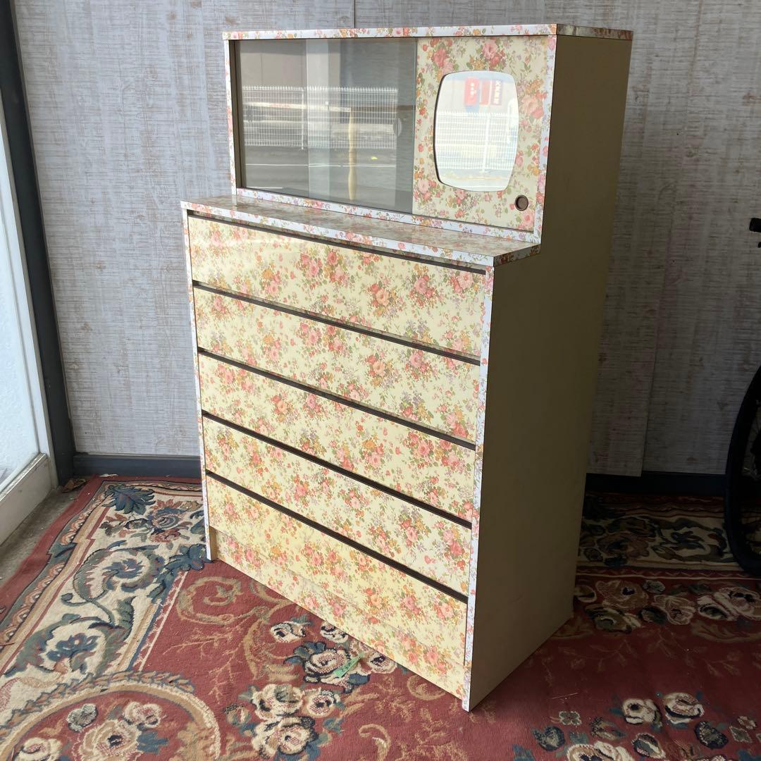 昭和レトロ 花柄 バラ柄 木製チェスト 5段タンス 飾り棚 古家具 ビンテージ