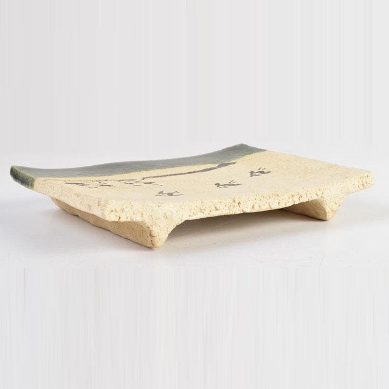 北大路魯山人作 織部焼 青織部 鳥文 四方皿 五客 時代箱 M