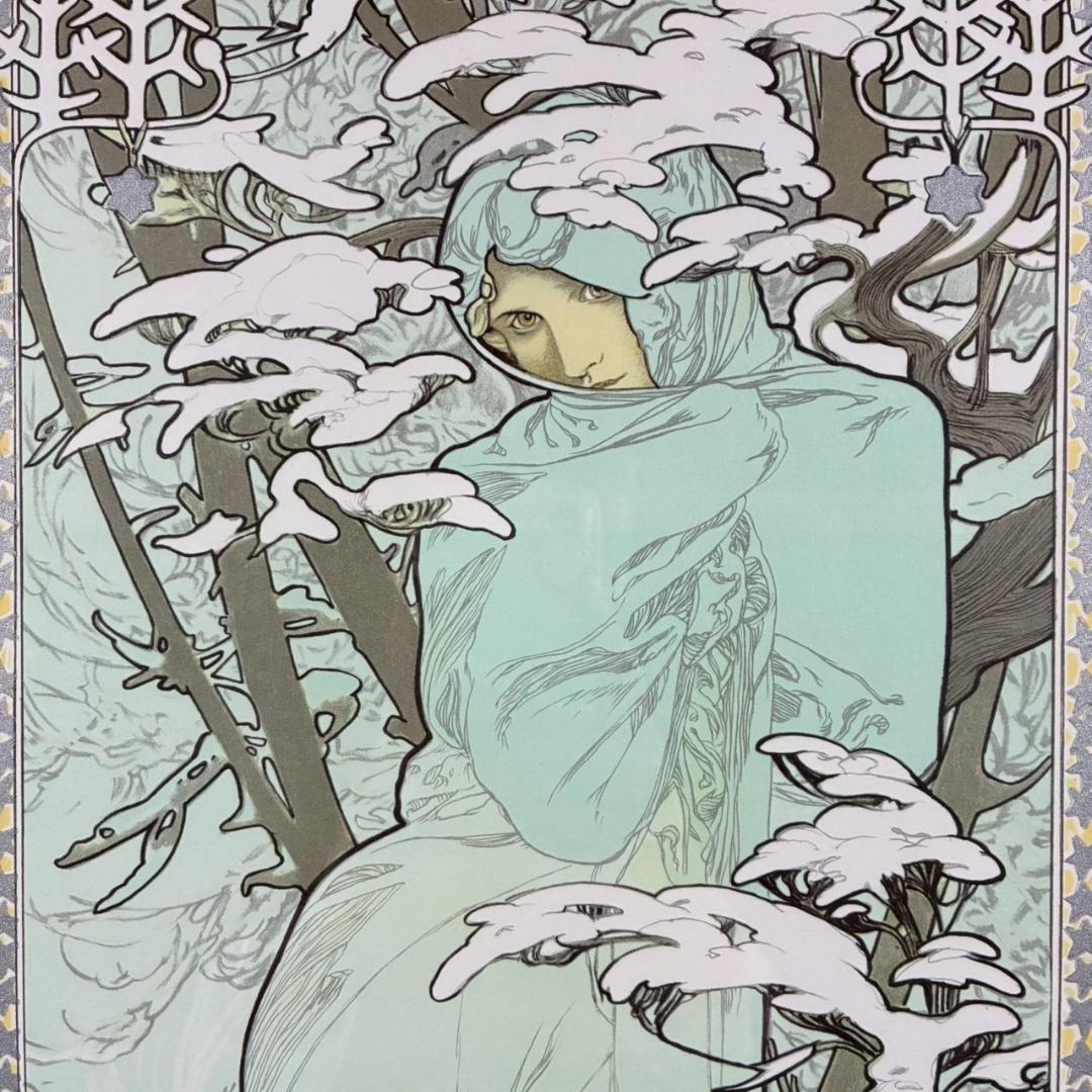 美品 アルフォンス・ミュシャ「四季・冬」リトグラフ 摺師サイン入り