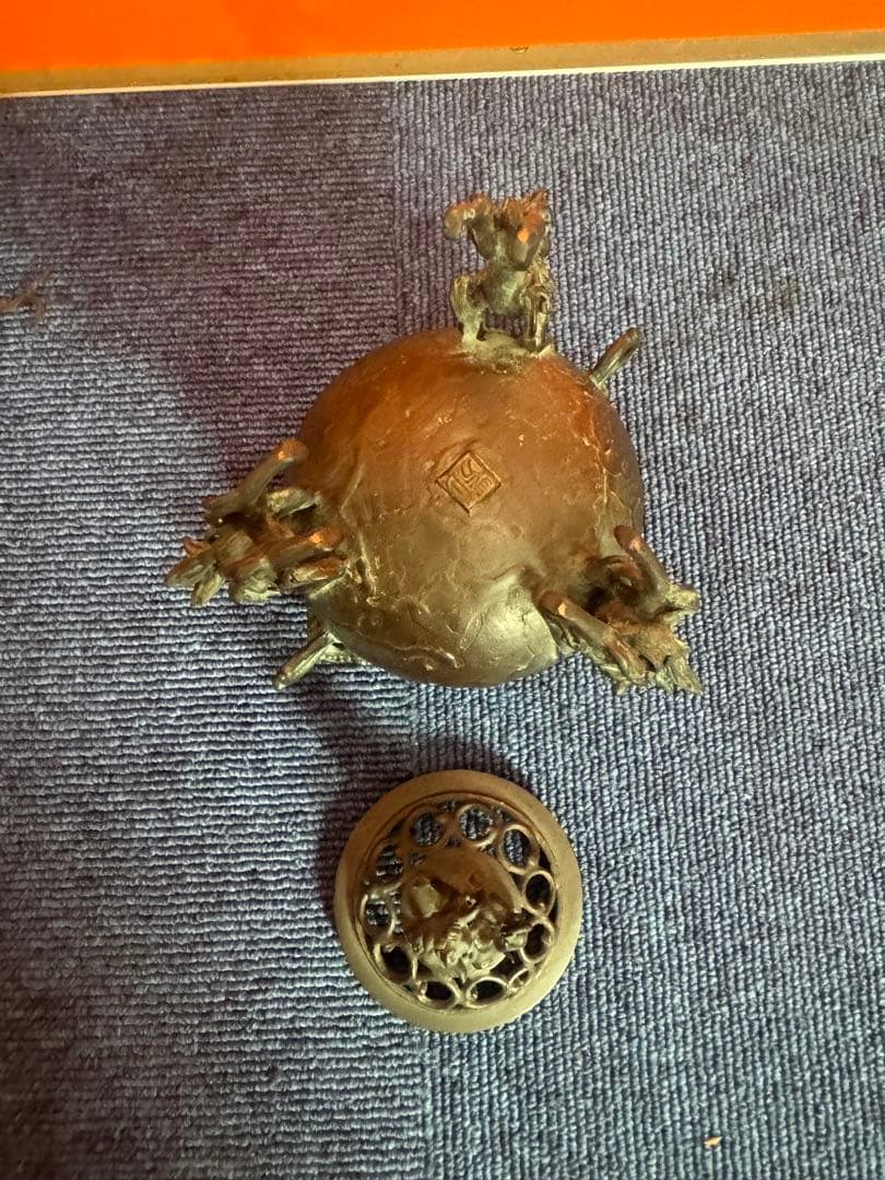 1817 高岡銅器 須賀七郎作 月芳 蝋型鋳銅 三獅子 香炉 時代物