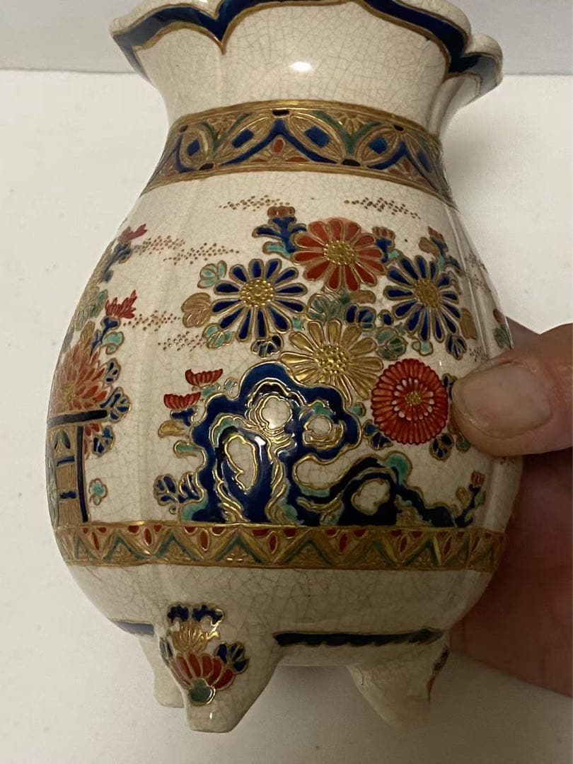 薩摩焼 丸十字薩摩 明治期 香爐 金彩花草文 金襴手 美術品