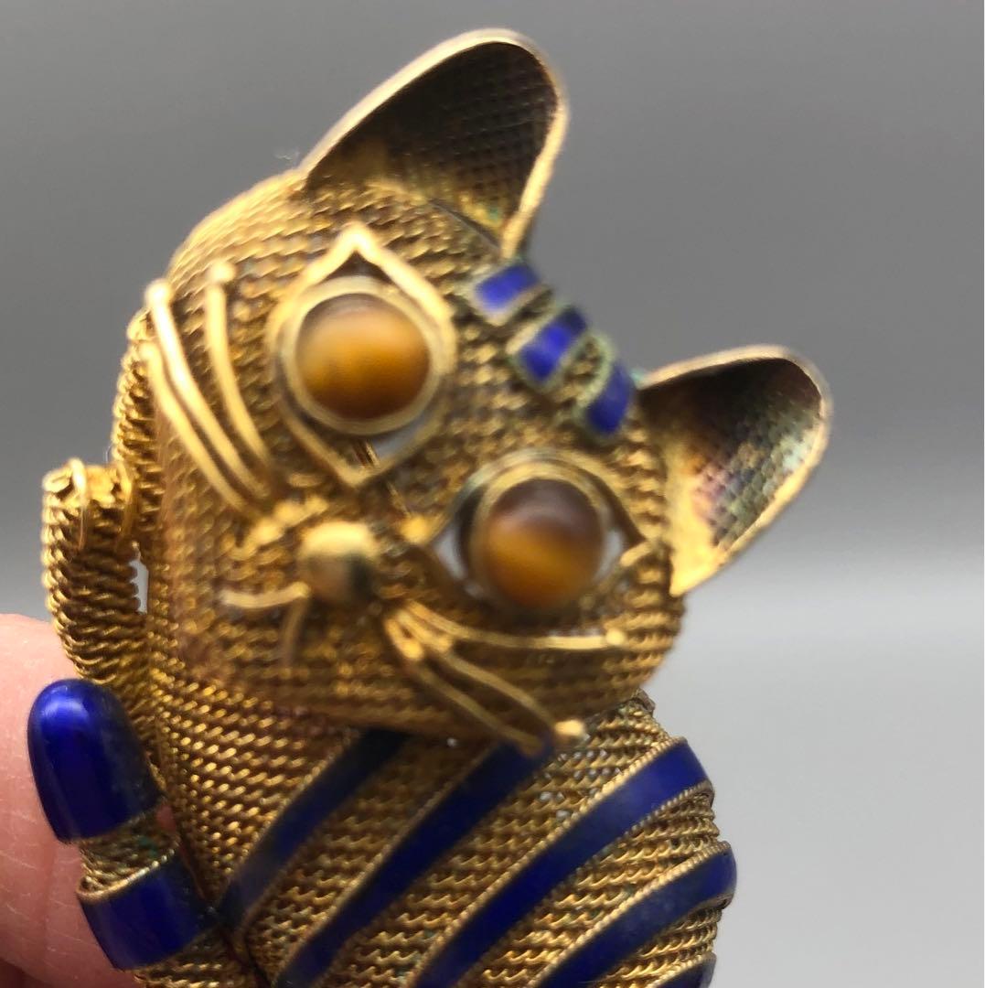 中国骨董品ゴールドメッキブルーエナメルメッシュタイガーアイキャット