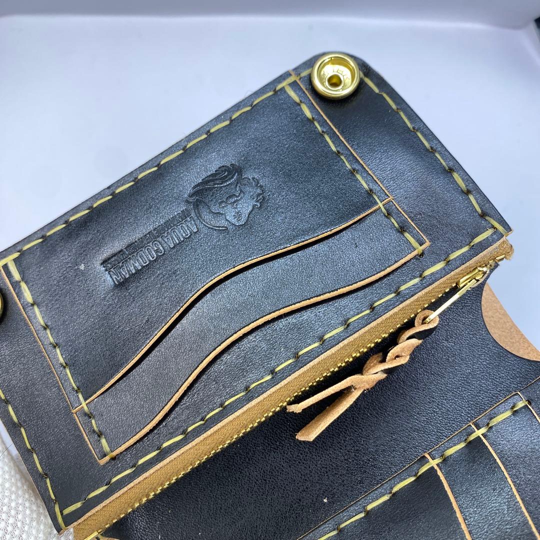 左小銭verお札折らずに収納できる無骨な手染めミドルトラッカーウォレット BTW