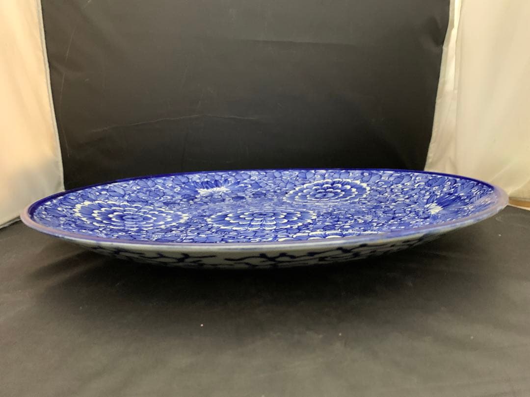 古伊万里 染付 ベロ藍 線描き 花 約直径46.5cm 大皿 太明成化
