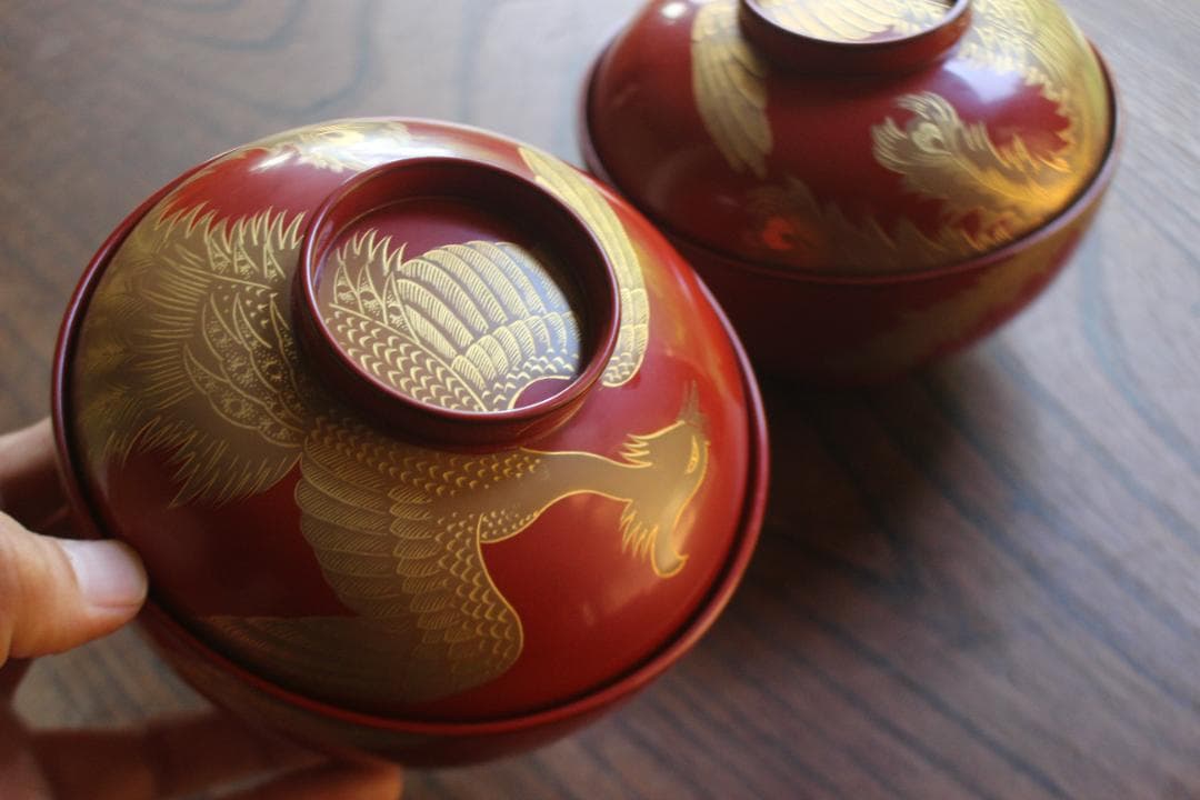 時代逸品！上質朱漆に極上鳳凰沈金蒔絵の映える大椀2点（検輪島塗雑煮椀煮物椀