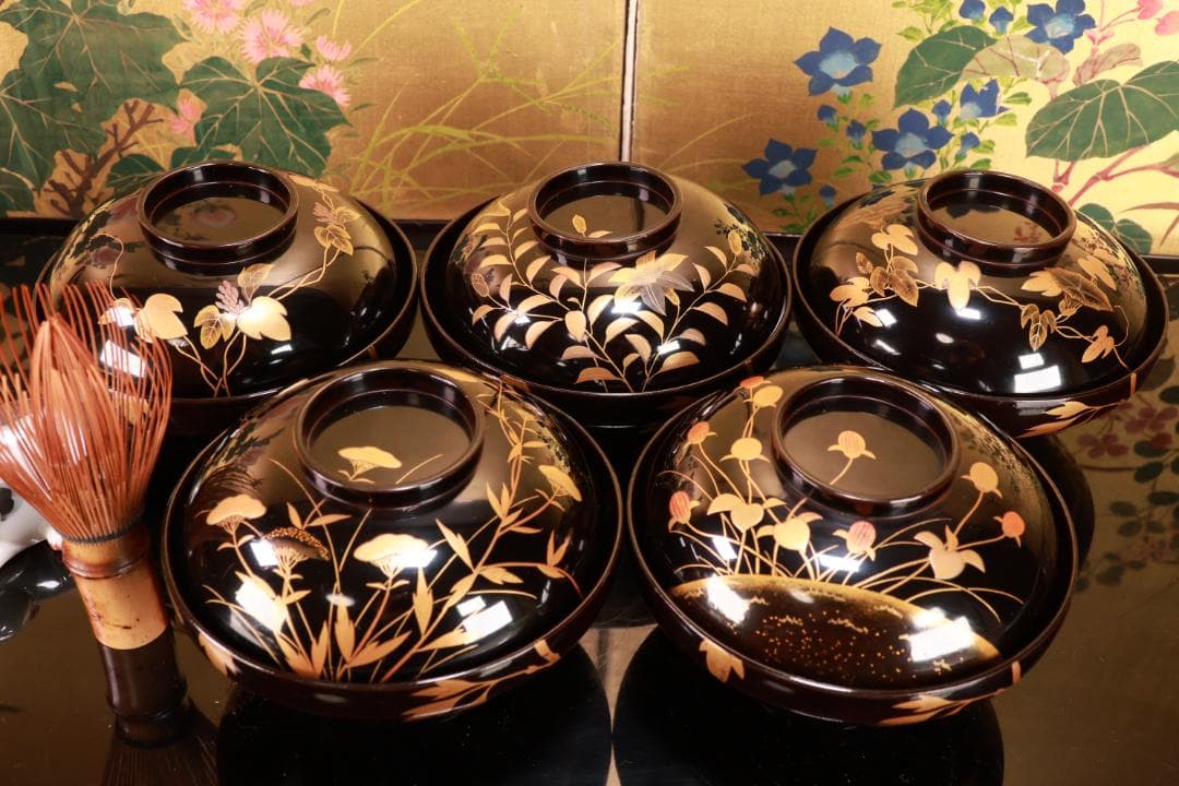 時代輪島塗 草花図替金蒔絵 吸物椀 五客 木製 絵違 ② BJ041