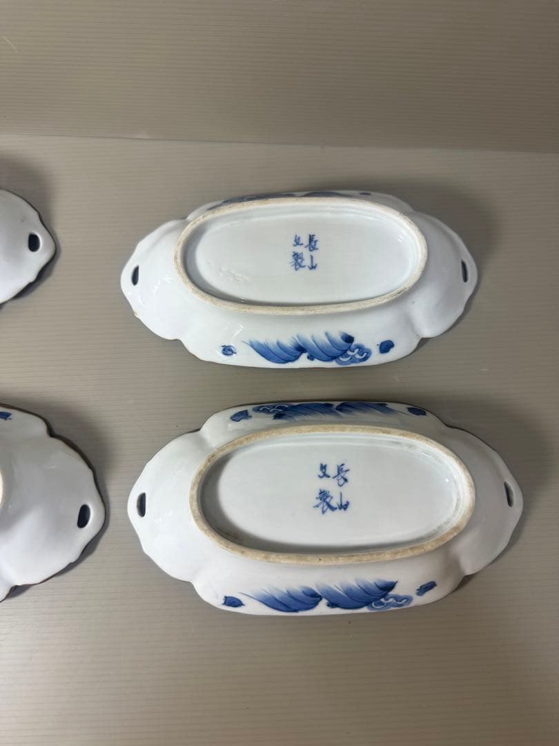 2110 明治大正 伊万里 舟形皿 4客 長山文製 染付山水 時代物
