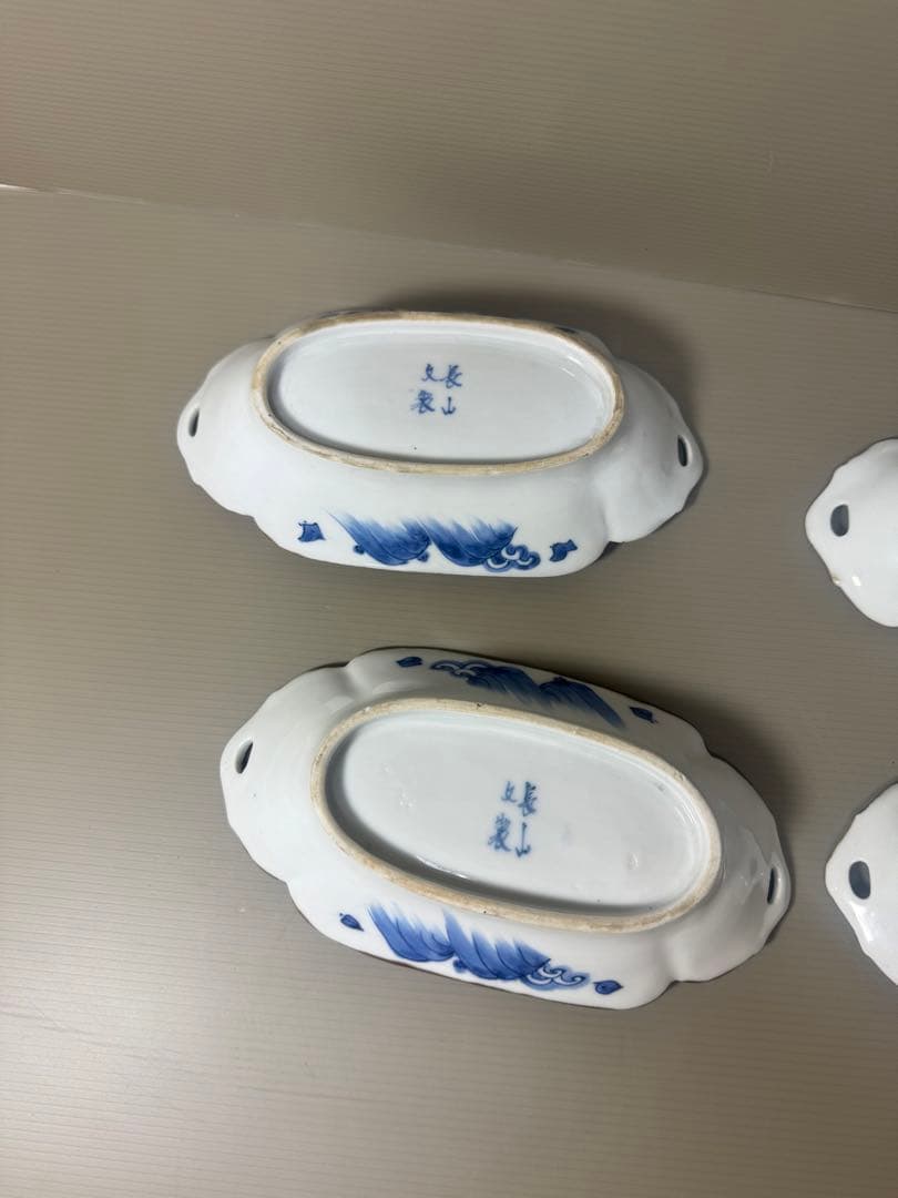 2110 明治大正 伊万里 舟形皿 4客　長山文製 染付山水　時代物