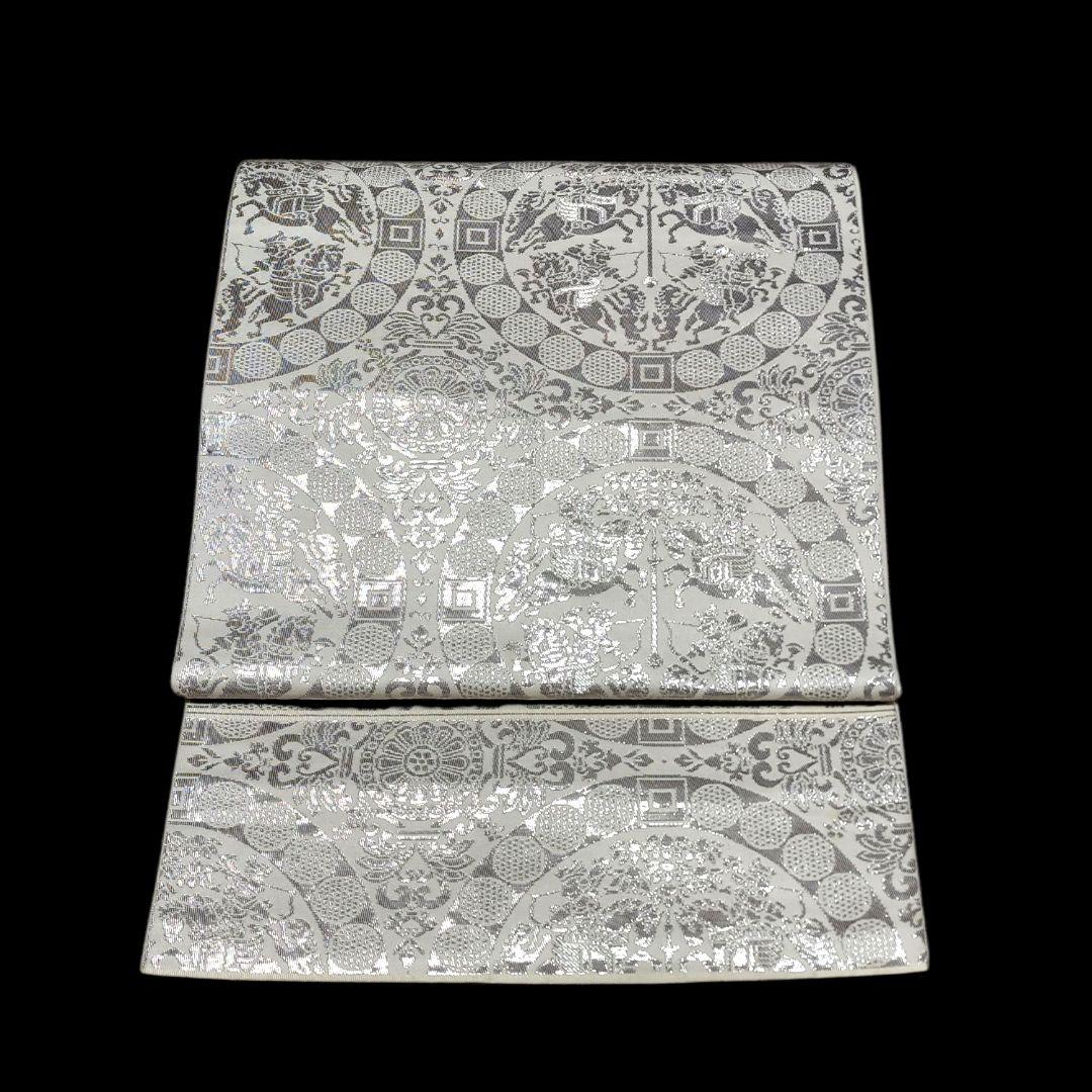 純プラチナ箔 シルバー 袋帯 模様入り 本袋 手織錦 きもの 帯 和服 和装