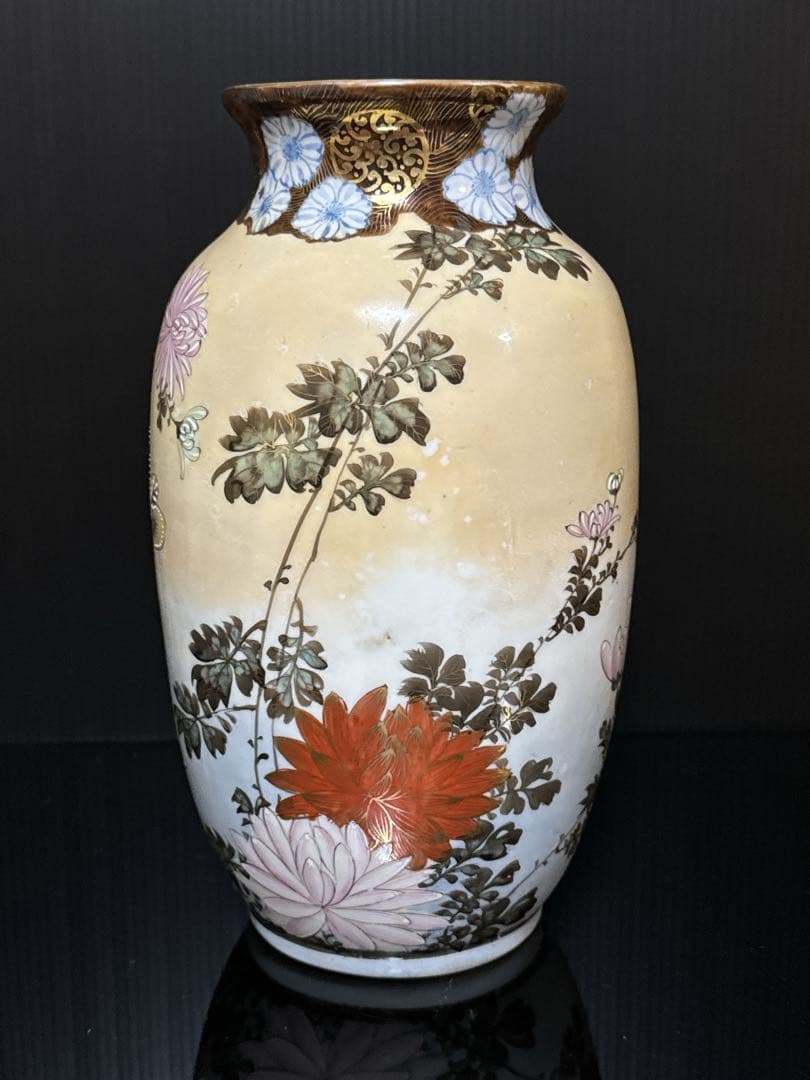 超絶技巧 明治期 極上 金蘭彩色 花蝶図 花瓶 花生 壷