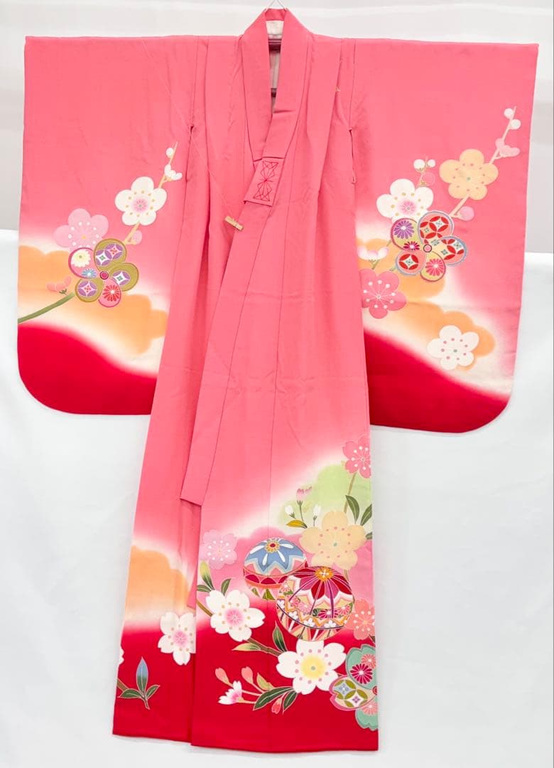 七五三着物　7才　女児　四つ身　まり・桜／ピンク系《子供491》#江戸小もーん