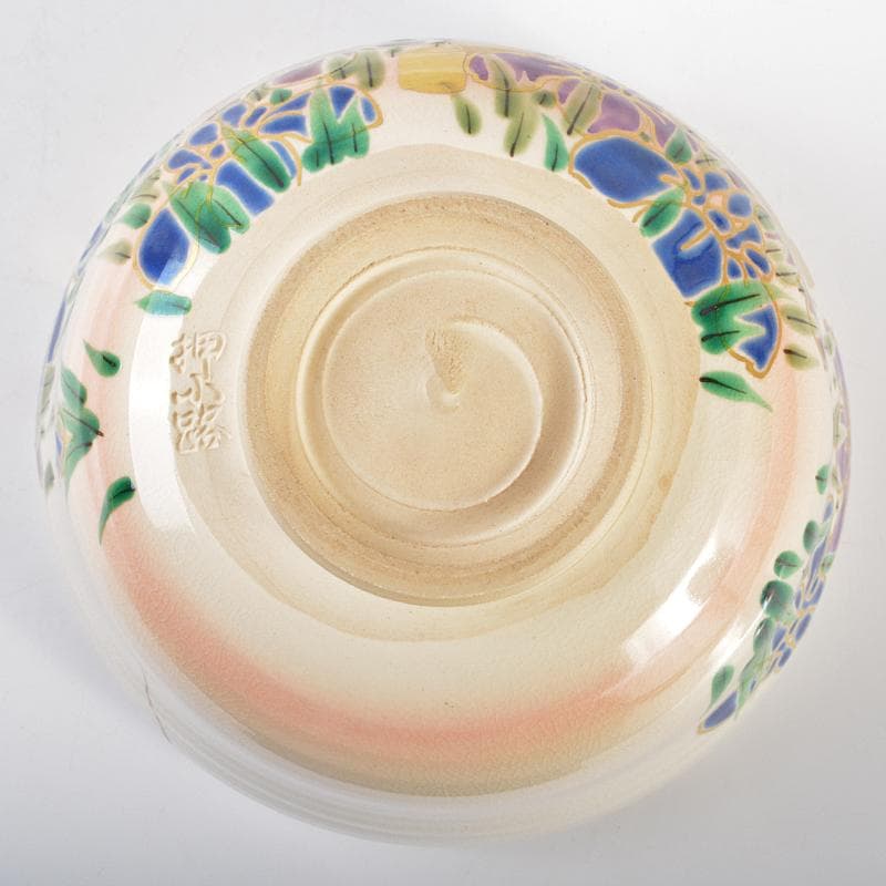 京焼 押小路窯 庄左エ門造 色絵八ツ橋 菖蒲文 茶碗 共布共