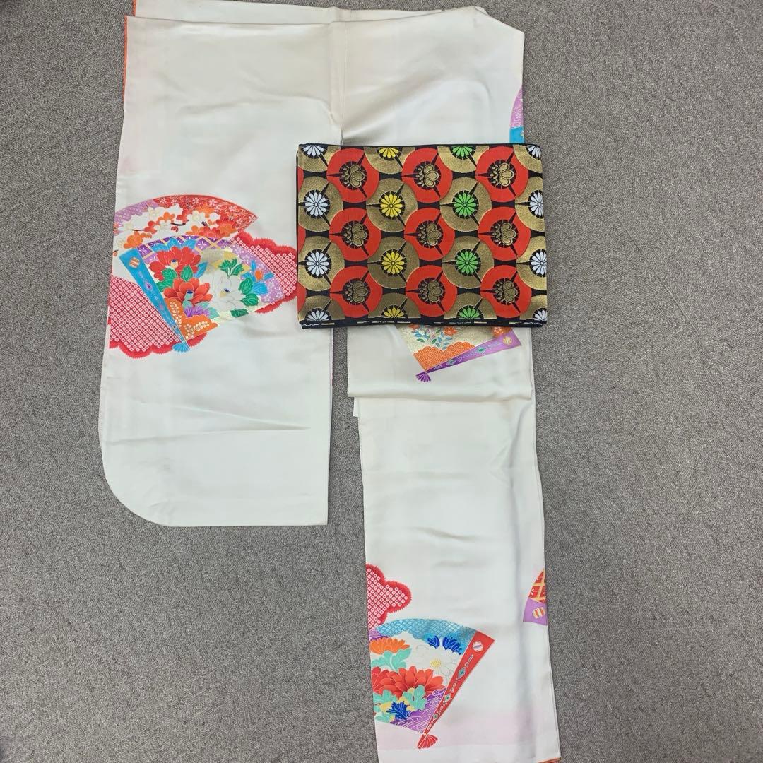 512ag34□七五三 七歳 女児 着物&袋帯 扇 鹿の子 白□状態良好