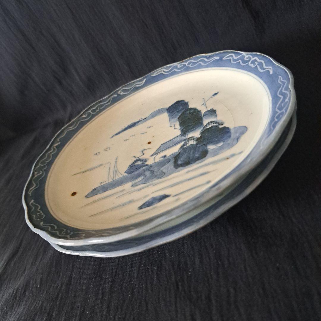 「青と白のコントラスト！ 山水画皿(直径18cm)」 古伊万里皿 2客セット 骨