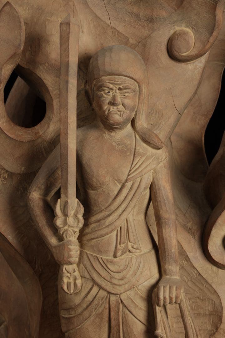 紺綬褒章受章 彫刻家【横山一夢】木彫 不動明王像「明王」49㎝ 置物 共