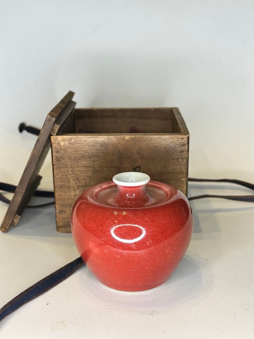 希少 清時代 大清康熙年製款 蘋果尊 朱釉 賞瓶 陶磁器 古美術 共箱