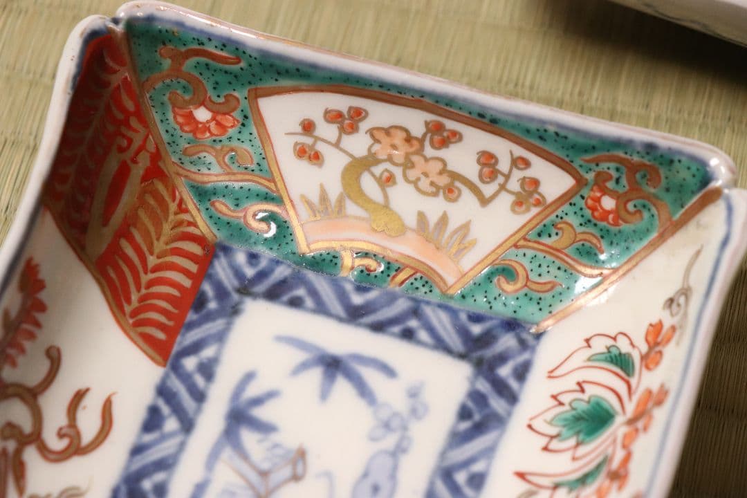 CM50】古伊万里 色絵 長方刺身皿 角皿 五客 桐鳳凰 松竹梅 扇面