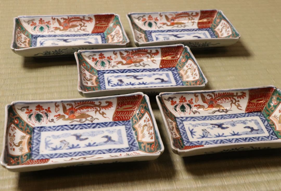 CM50】古伊万里 色絵 長方刺身皿 角皿 五客 桐鳳凰 松竹梅 扇面