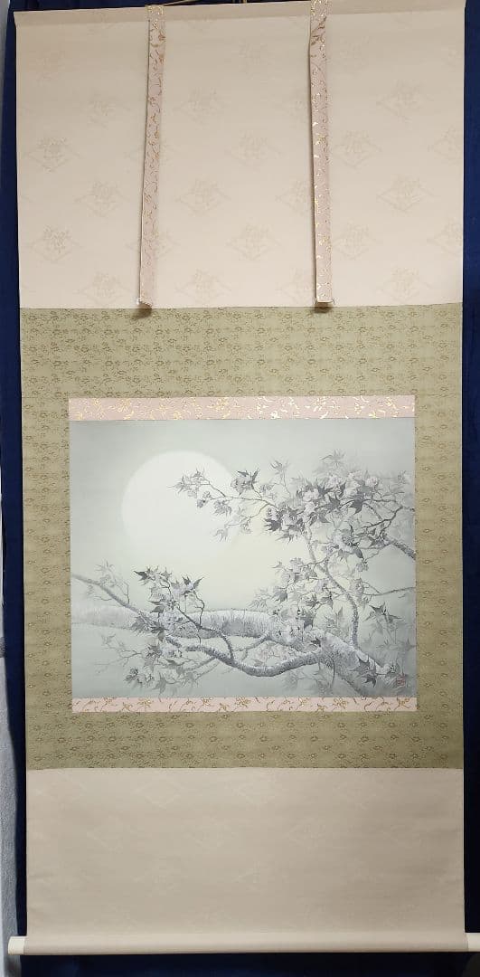 夜桜図】智 2613 花見 月 共箱 掛け軸 肉筆