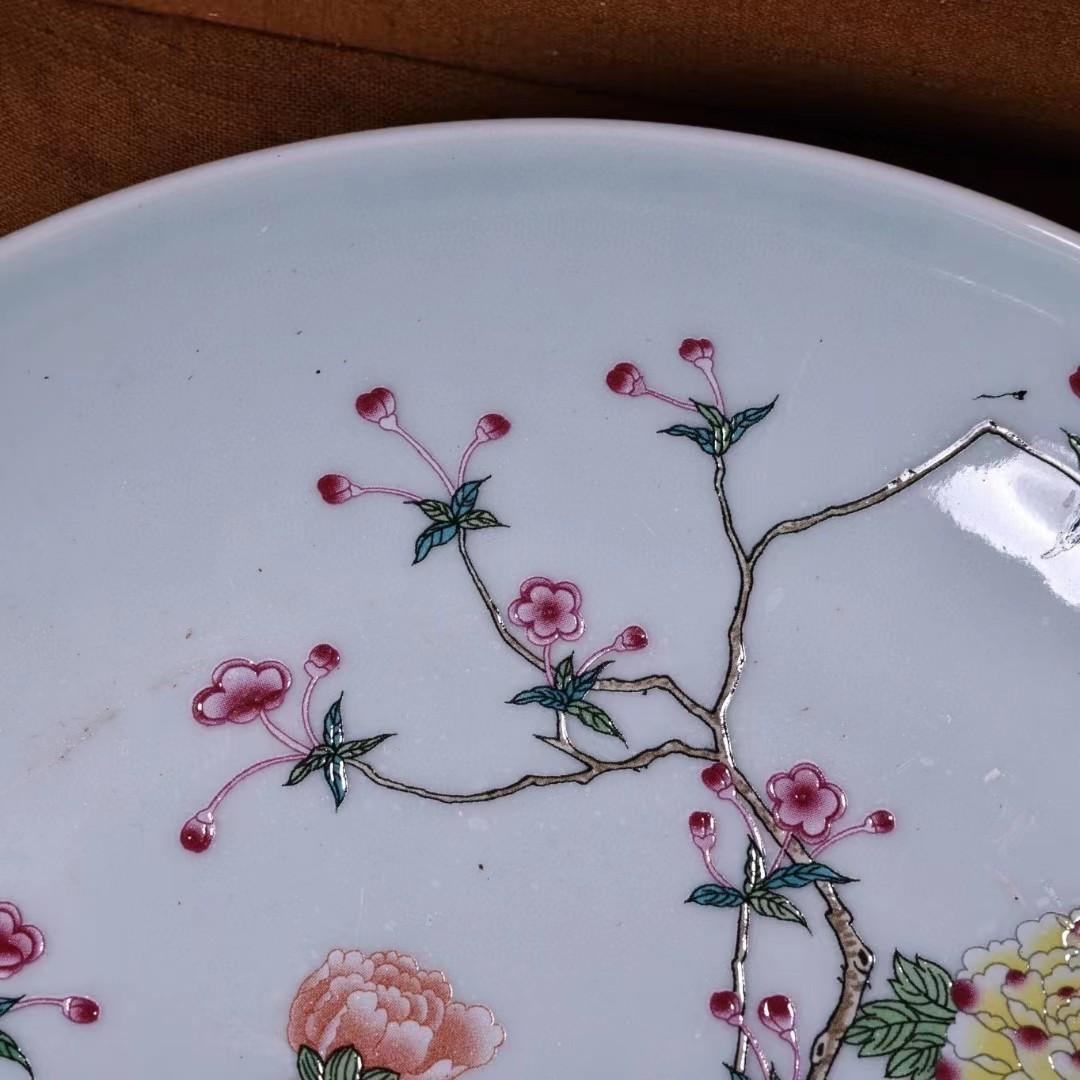 中国古美術・珍蔵粉彩・花鳥絵陶磁器の中皿・純手描き・木箱