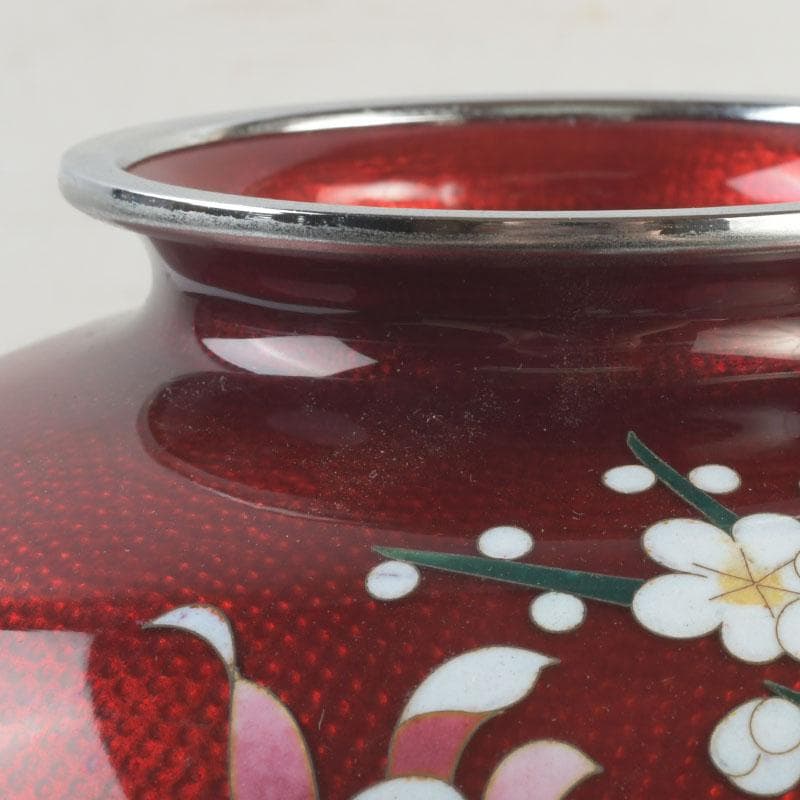 七宝焼 尾張佐藤七宝店謹製 赤透釉 四君子文 花瓶 V 9310