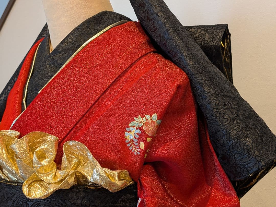 振袖フルセット 身丈165裄68.5 豪華振袖 金通し 赤 黒 逸品 成人式