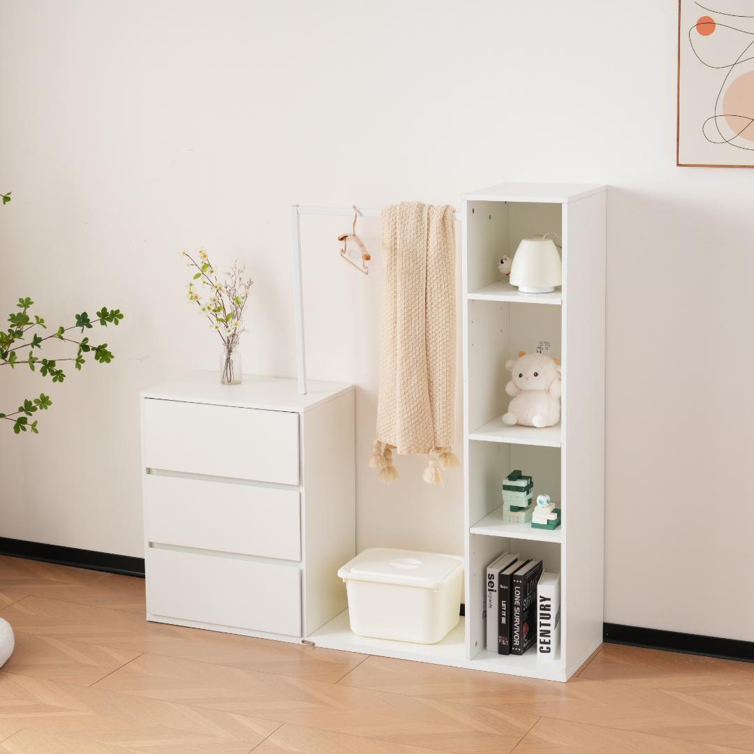 3段キャビネット+幅調整デスク+ ハンガーラック+ラック化粧台 デスク木製