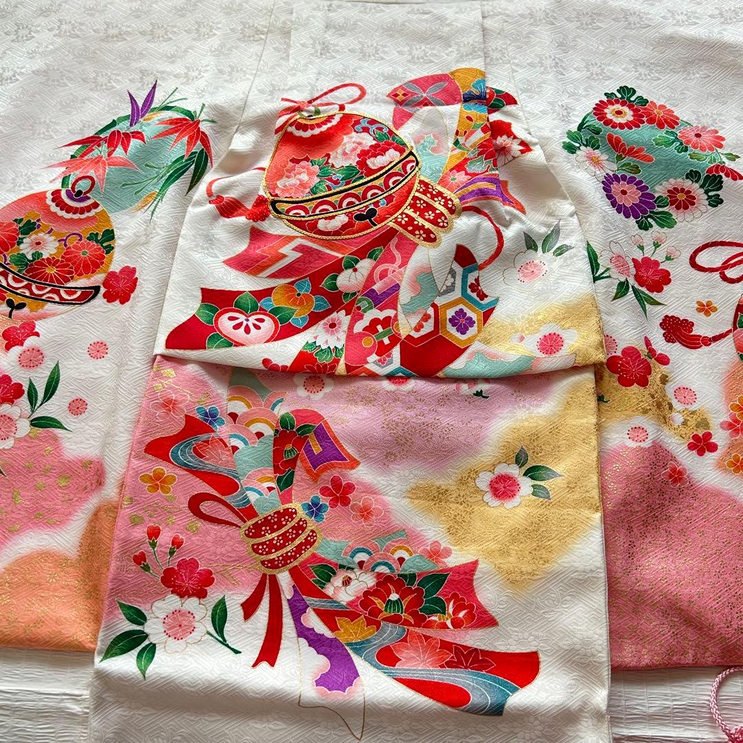 七五三 3歳 被布 着物 絹 三歳 白 ピンク 草履 753 巾着 女の子