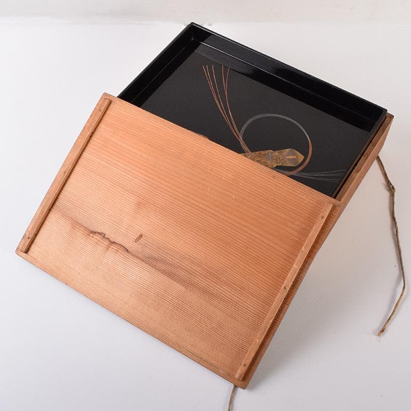 時代漆塗　黒漆　金蒔絵　盆一対　時代箱付　C　R7778