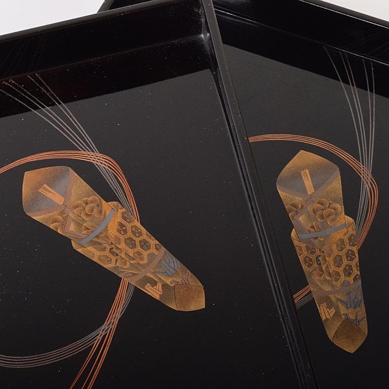 時代漆塗　黒漆　金蒔絵　盆一対　時代箱付　C　R7778