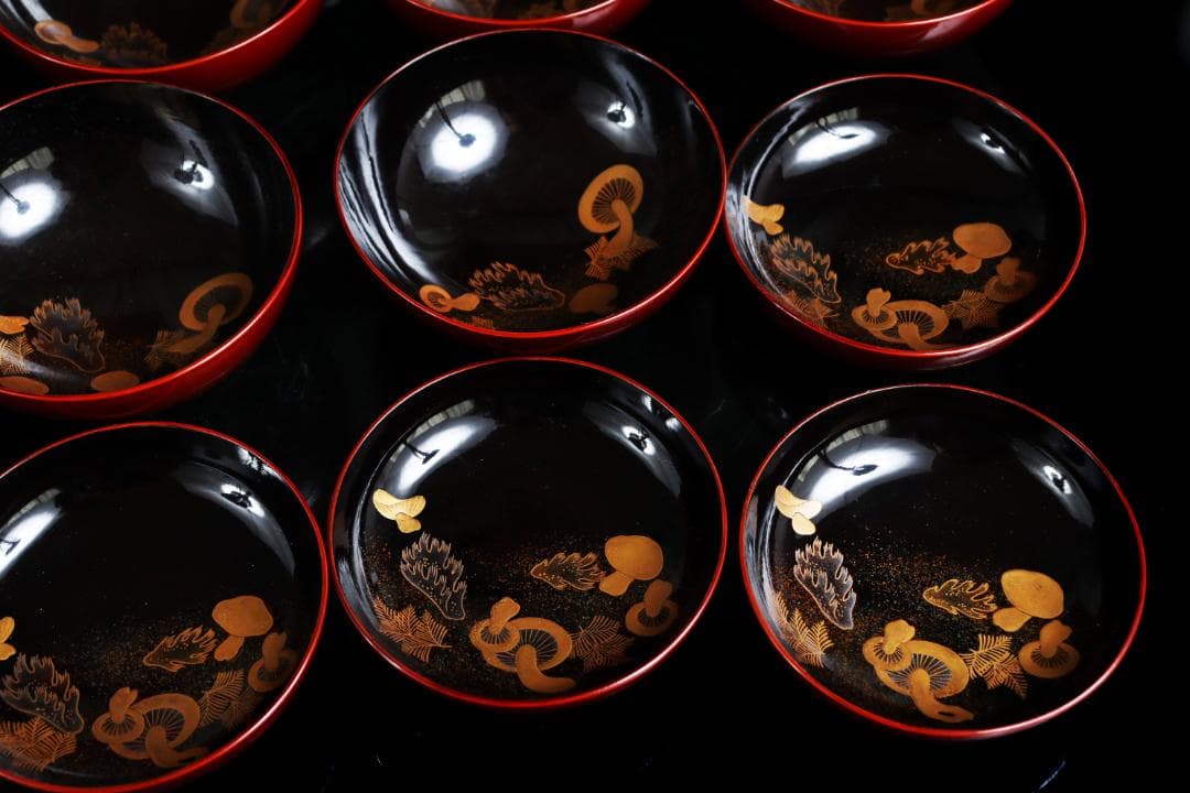 茶道具 見返松茸 蒔絵 吸物椀 十客 木箱 共箱　木製漆器