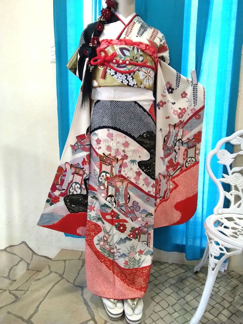 振袖フルセット、正絹絞り振袖、成人式、重ね衿帯揚げ帯締め、西陣袋帯