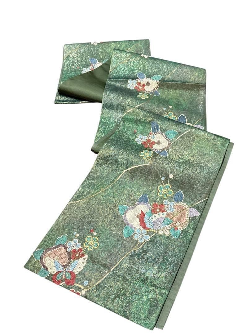A13 美品 袋帯 唐織蝶花 グリーン 金通 逸品 A13 美品 袋帯 唐織