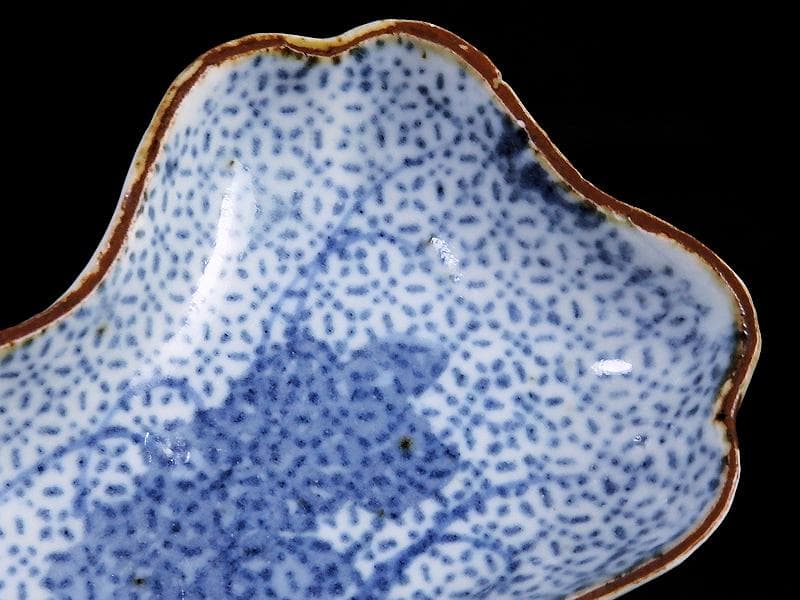 古伊万里　型刷印判　幾何学紋に草花紋の図　変形皿　江戸期E478AS-CRf