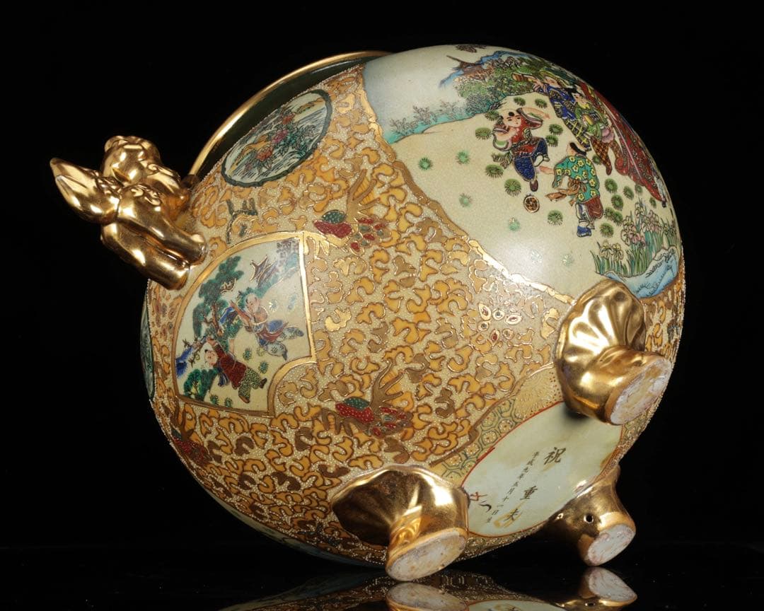 薩摩焼 金襴手色絵金彩 着物美人唐子風景窓絵付 獅子耳大香炉 高