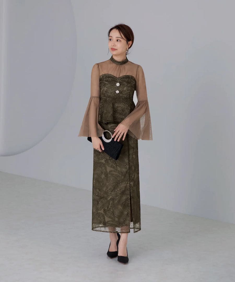 LEJA スパンコールビジューボタンセットアップワンピースドレス GREEN M