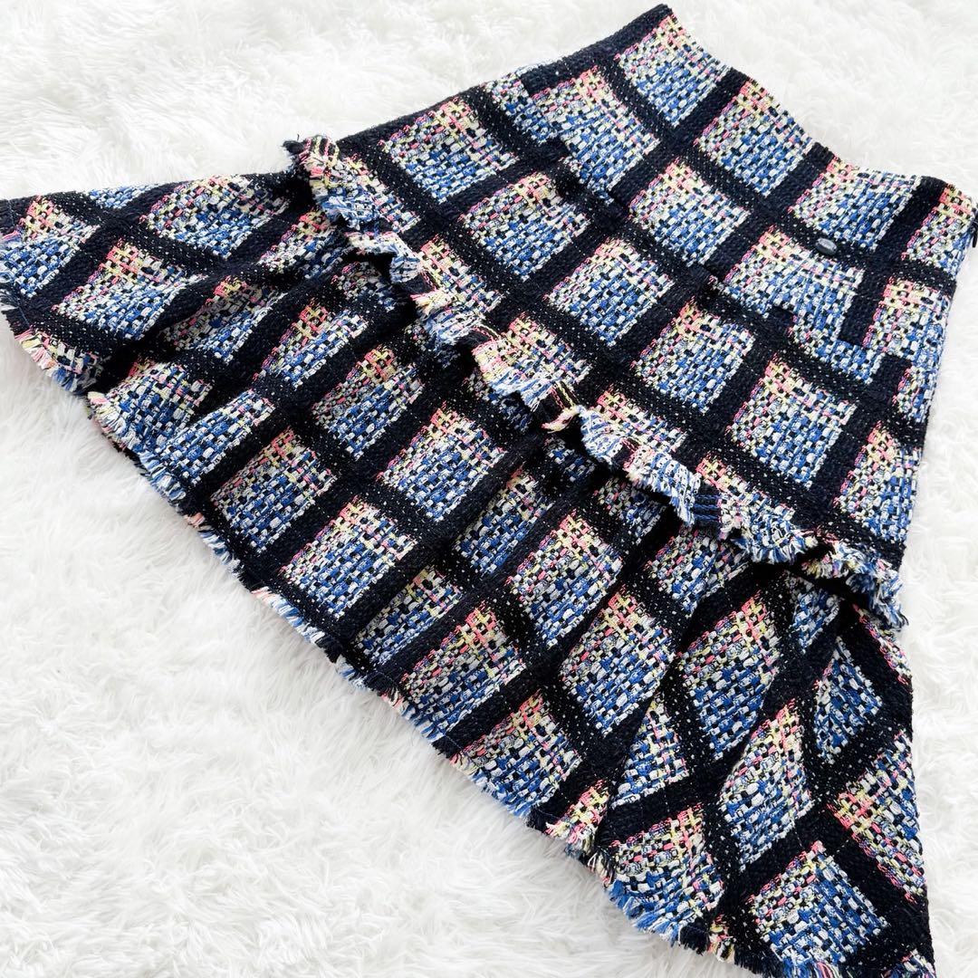 美品 CHANEL 09P ミックスツイードフレアスカート ロゴプレート 42