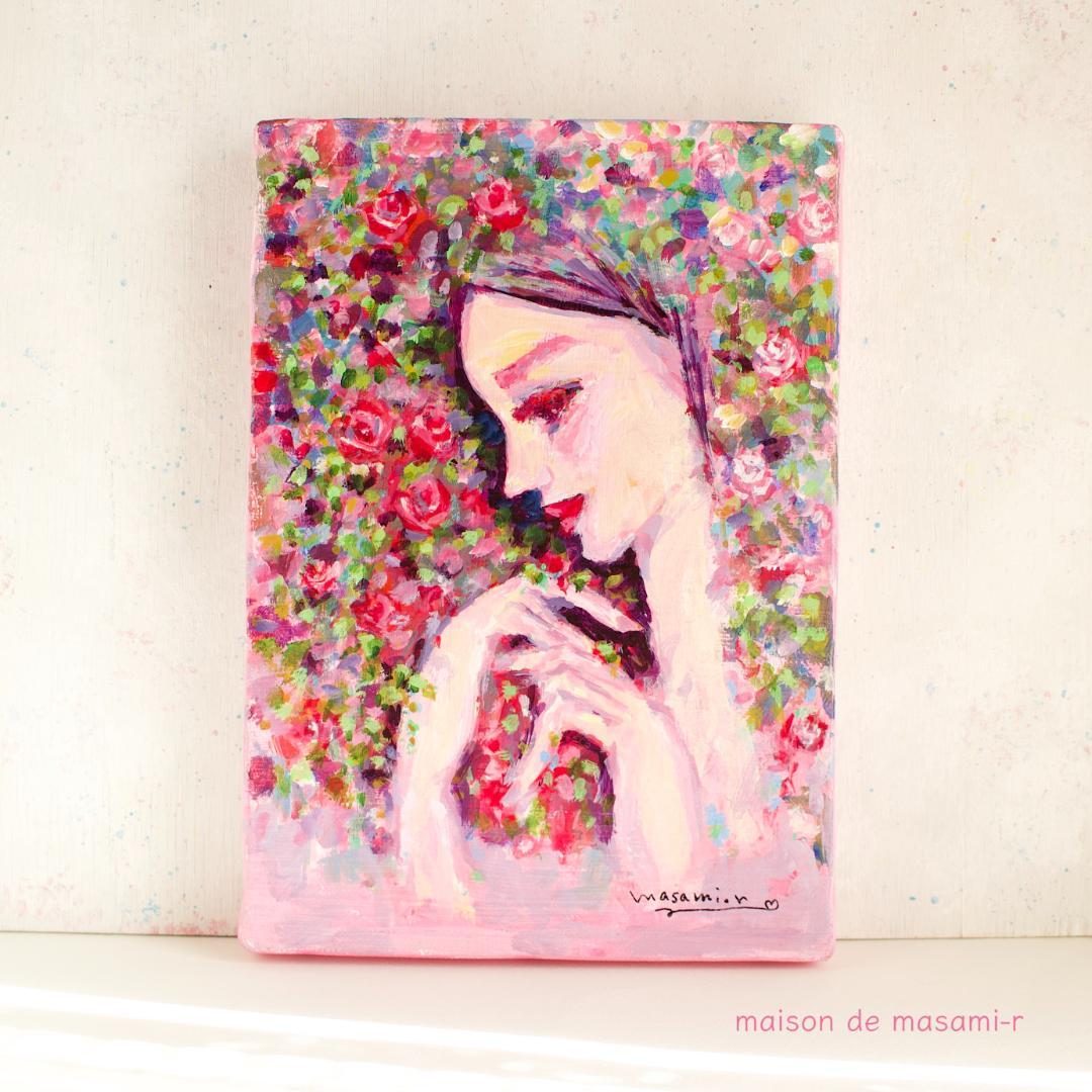 「薔薇と女性」 アクリル画 原画 SMキャンバス 額なし