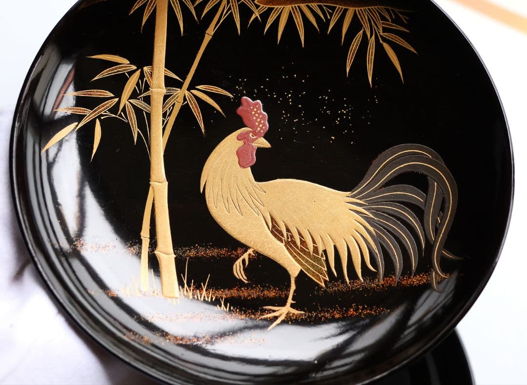 【CM353】時代蒔絵椀 竹に鶏金蒔絵 平椀三客 木製 /(検) 輪島塗加賀能登