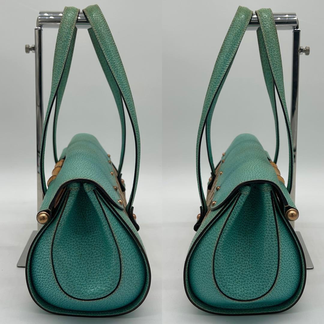 【美品】グッチ バンブー ショルダーバッグ GGキャンバス レザー ターコイズ