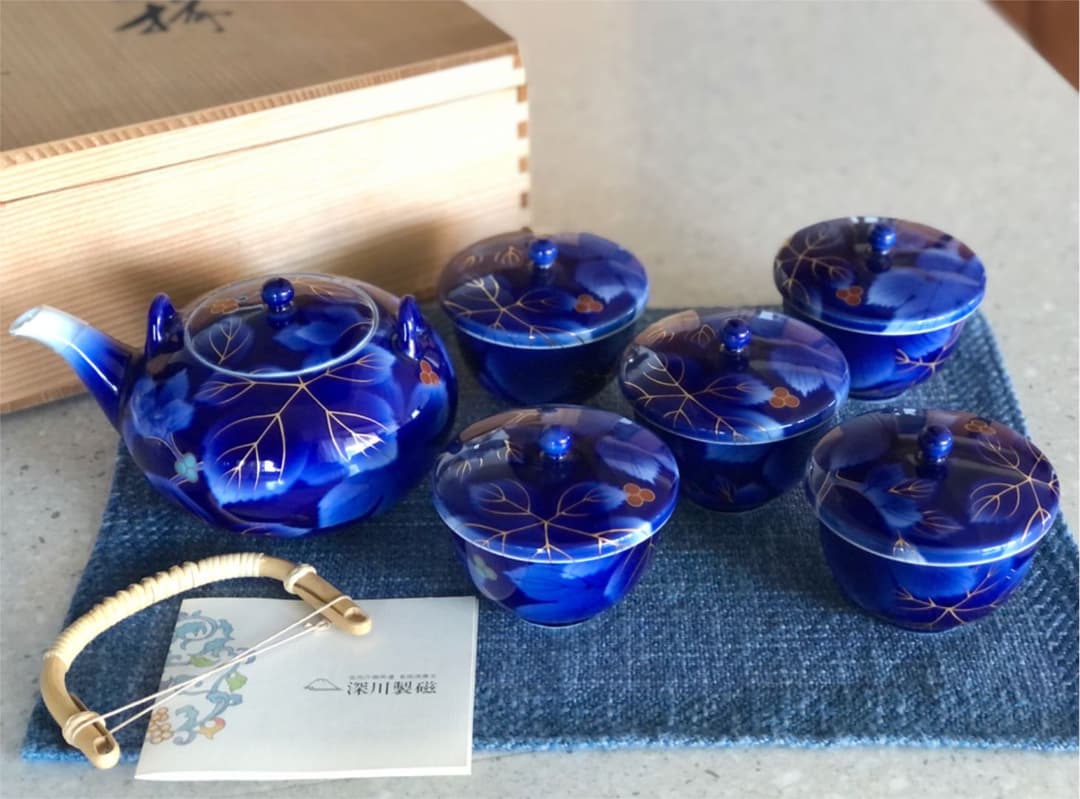有田焼 深川製磁 茶器揃＊瑠璃葡萄/急須・湯呑み5客 深川製磁