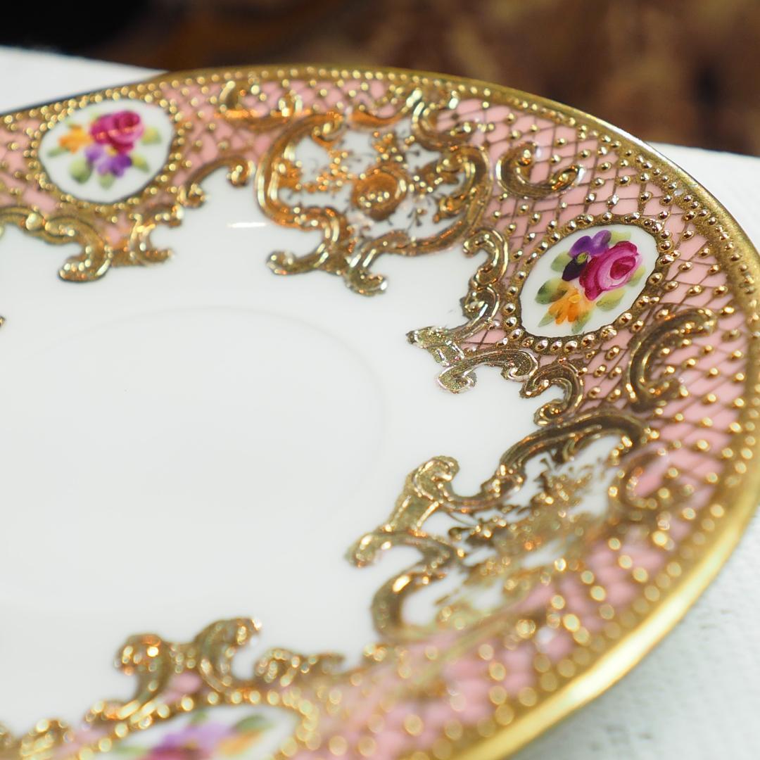 オールドノリタケ 金盛上陽刻桃地薔薇図紋 マルキ印 里帰り