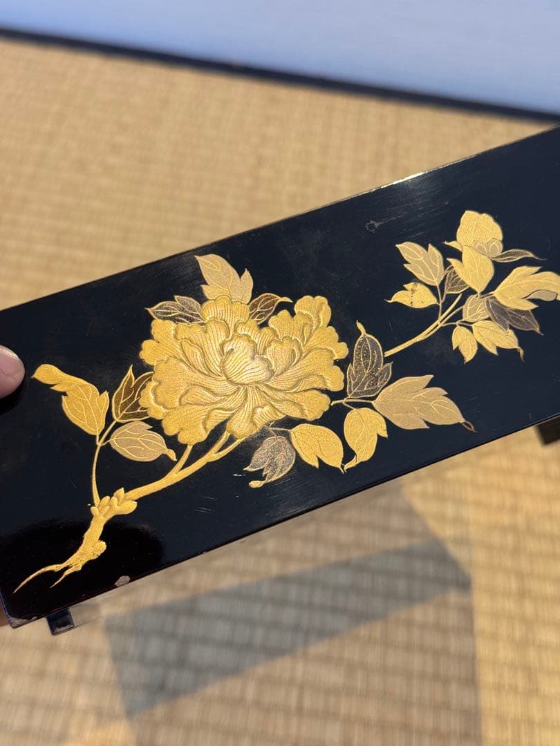 時代漆器 研ぎ出し草花蒔絵 五段重箱 二枚蓋 木瓜紋 保管箱