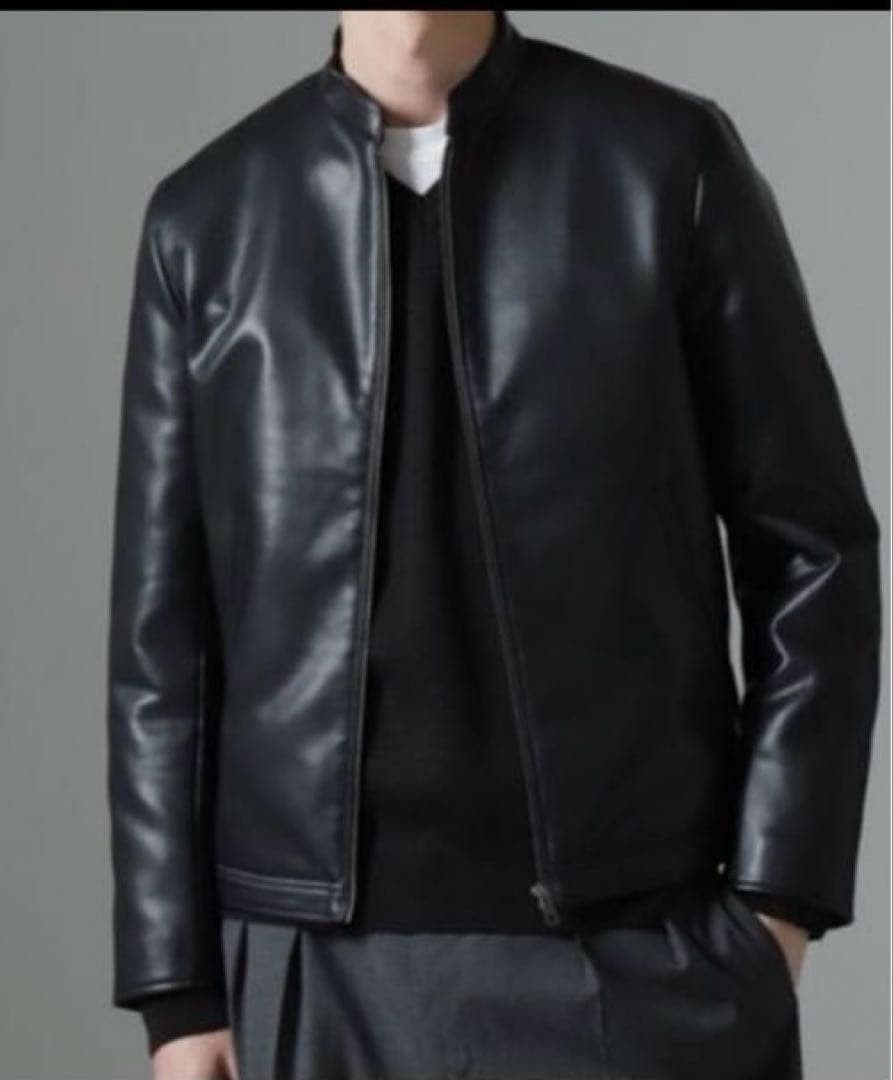ブラックフェイクレザーシングルライダースジャケット フェイクレザーシングルライダースジャケット | NANO universe（ナノ