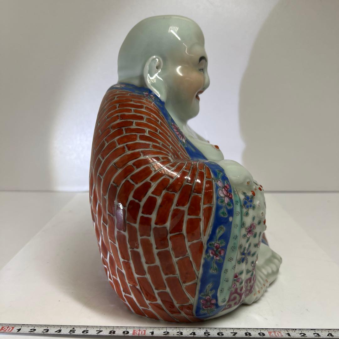 中国景徳鎮 羅漢肝嶺上 朱義順作 粉彩布袋置物 高さ約25㎝ トコル