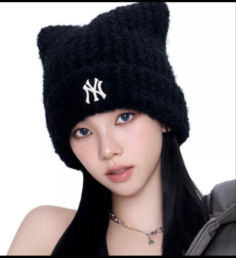 MLB ビーニー 紐付き ブラック 猫耳 ニット帽 韓国 karina - メルカリ