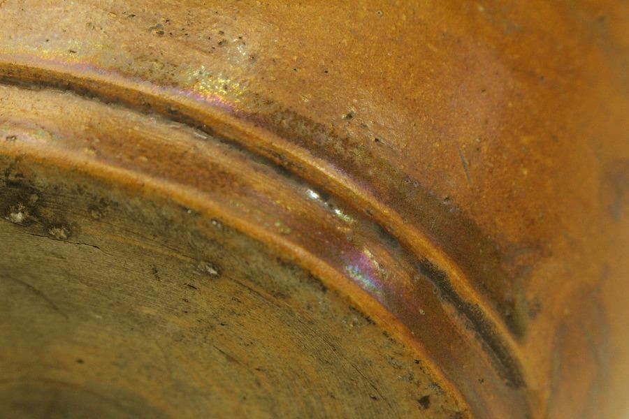 古瀬戸 櫛目 鉄釉 瓶 φ35.3cm 花沓 印(A318)